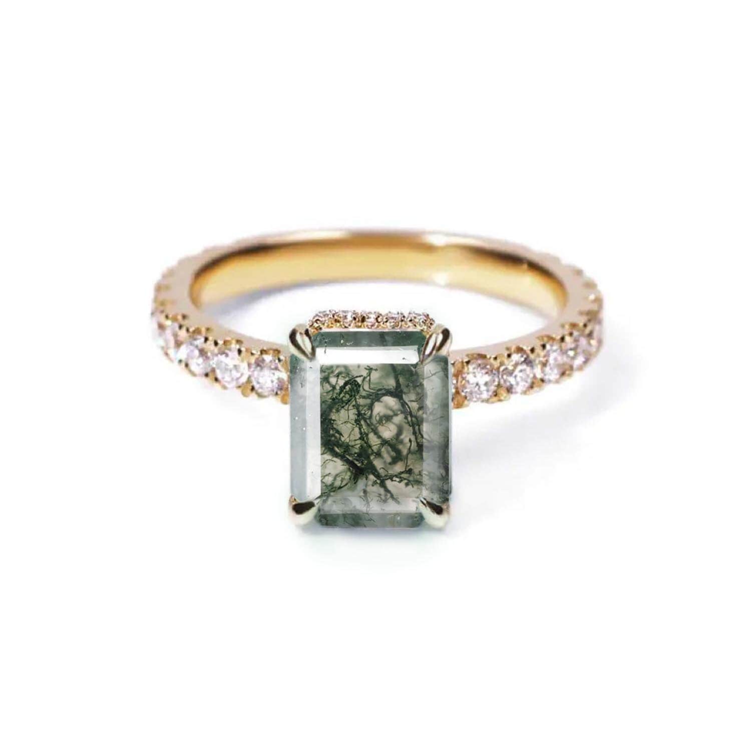 Moosachat Und Diamant Einzigartiger Verlobungsring | Smaragdschliff Natürlicher Zierlicher Erschwinglicher Achat Ring von DiorahJewellery