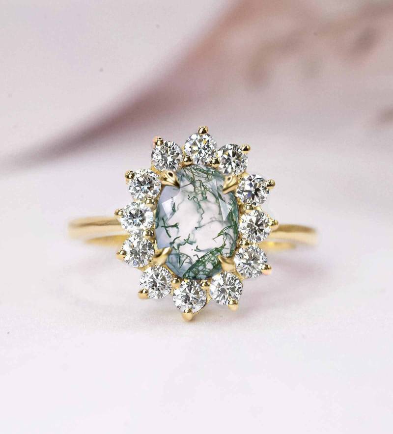 Moosachat Und Diamant Verlobungsring | Moos Achat Hoch Schmuck Hochzeits-, Braut - Jubiläumsring Gelbgold Cluster Ring von DiorahJewellery