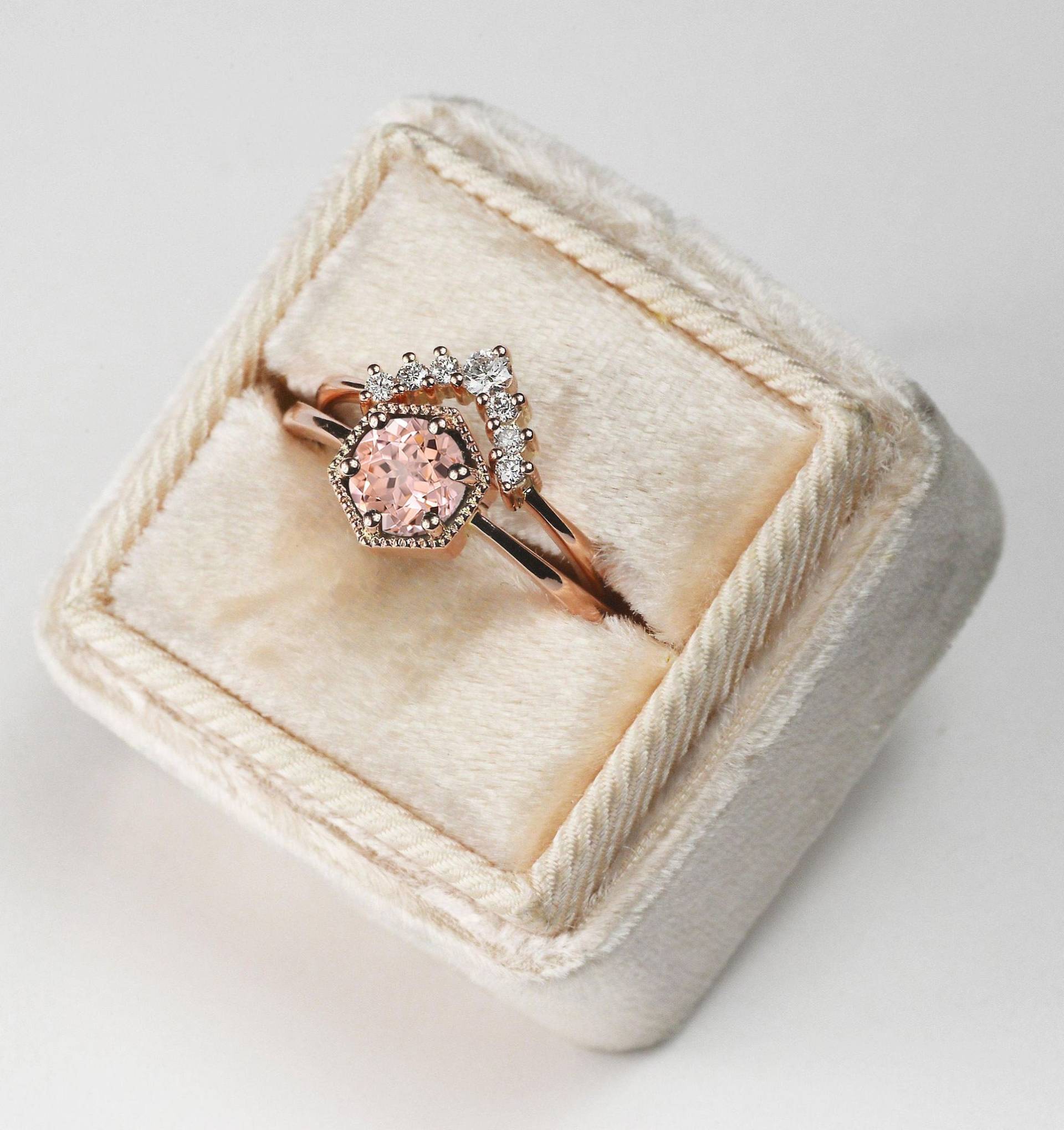 Morganit Verlobungsring Und Diamant-Hochzeitsband Set | Diamant-Braut-Set Diamant-Verlobungsring Rose, Gelb Weißgold Ring von DiorahJewellery