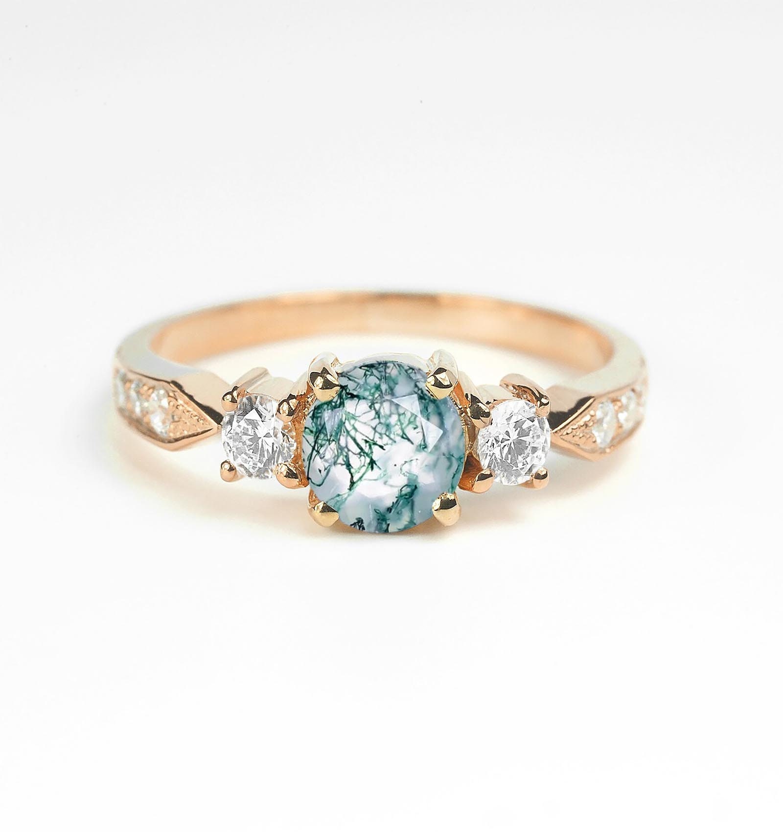 Natürlicher Moosachat Und Diamant Rose Gold Verlobungsring | Zierlicher Vintage Ring Art Deco Jahrestag von DiorahJewellery