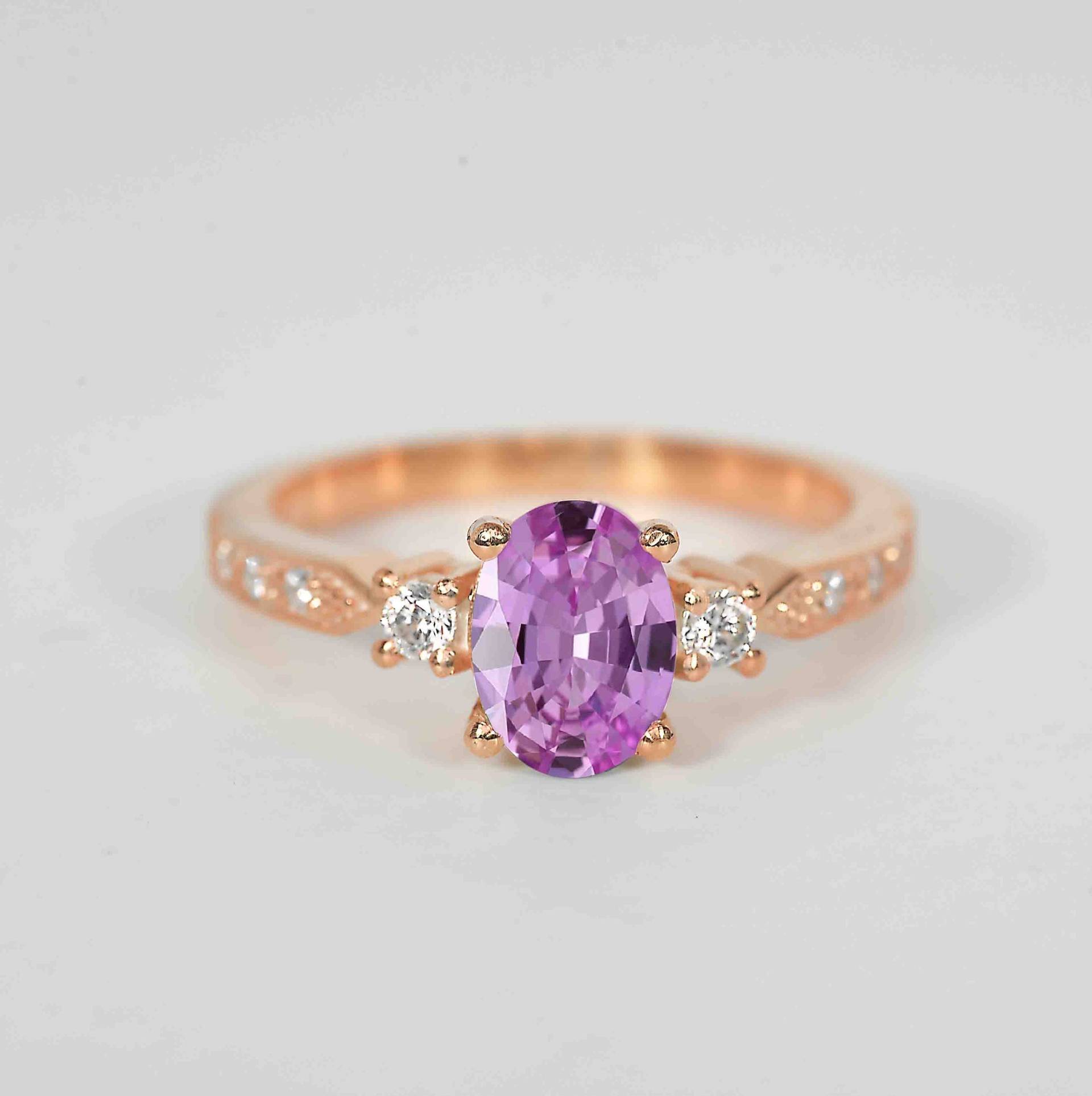 Ovaler Hellrosa Saphir Verlobungsring | Runder Diamant Ring 9K/14K/18K Roségold Ring Jubiläumsring Rustikaler Diamantring von DiorahJewellery