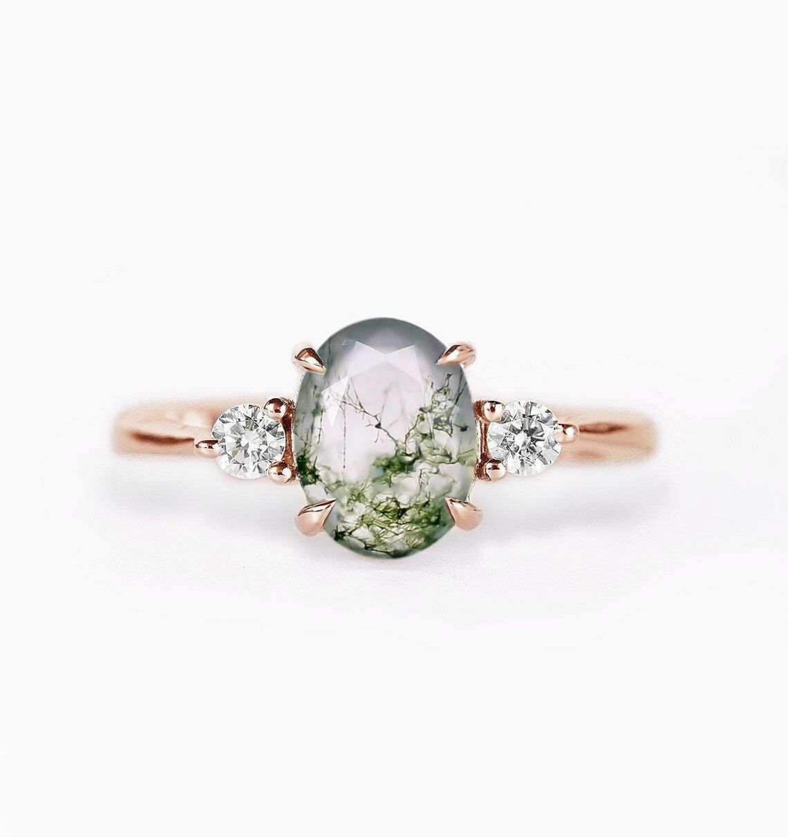 Ovaler Moosachat Ring Mit Drei Steinen | 9K/14K/18K Roségold Verlobungsring 2mm Diamant Und Vintage Drei Steine von DiorahJewellery