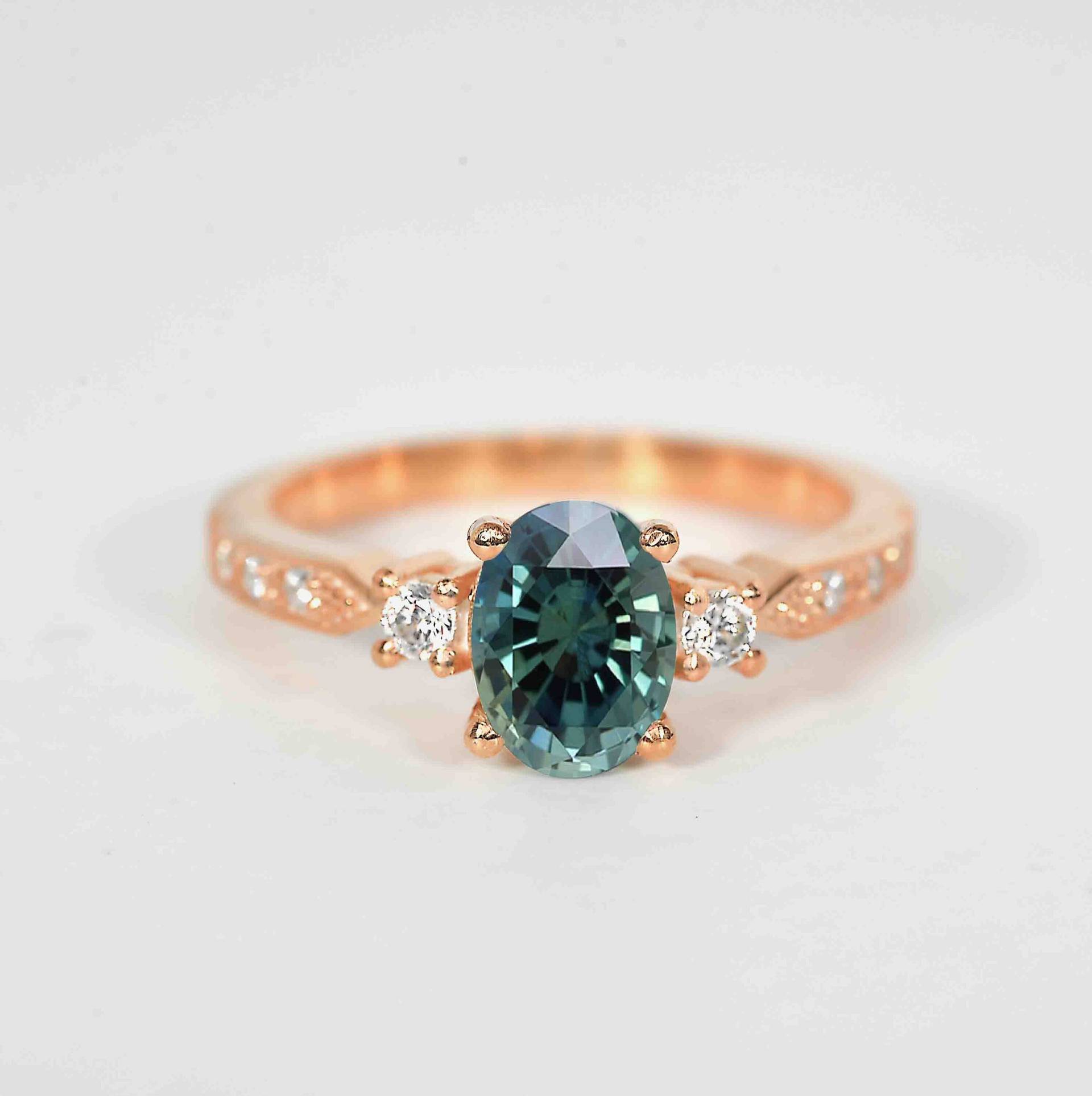 Ovaler Saphir Verlobungsring | Runder Diamant Ring 9K/14K/18K Roségold Ring Jubiläumsring Rustikaler Diamantring von DiorahJewellery