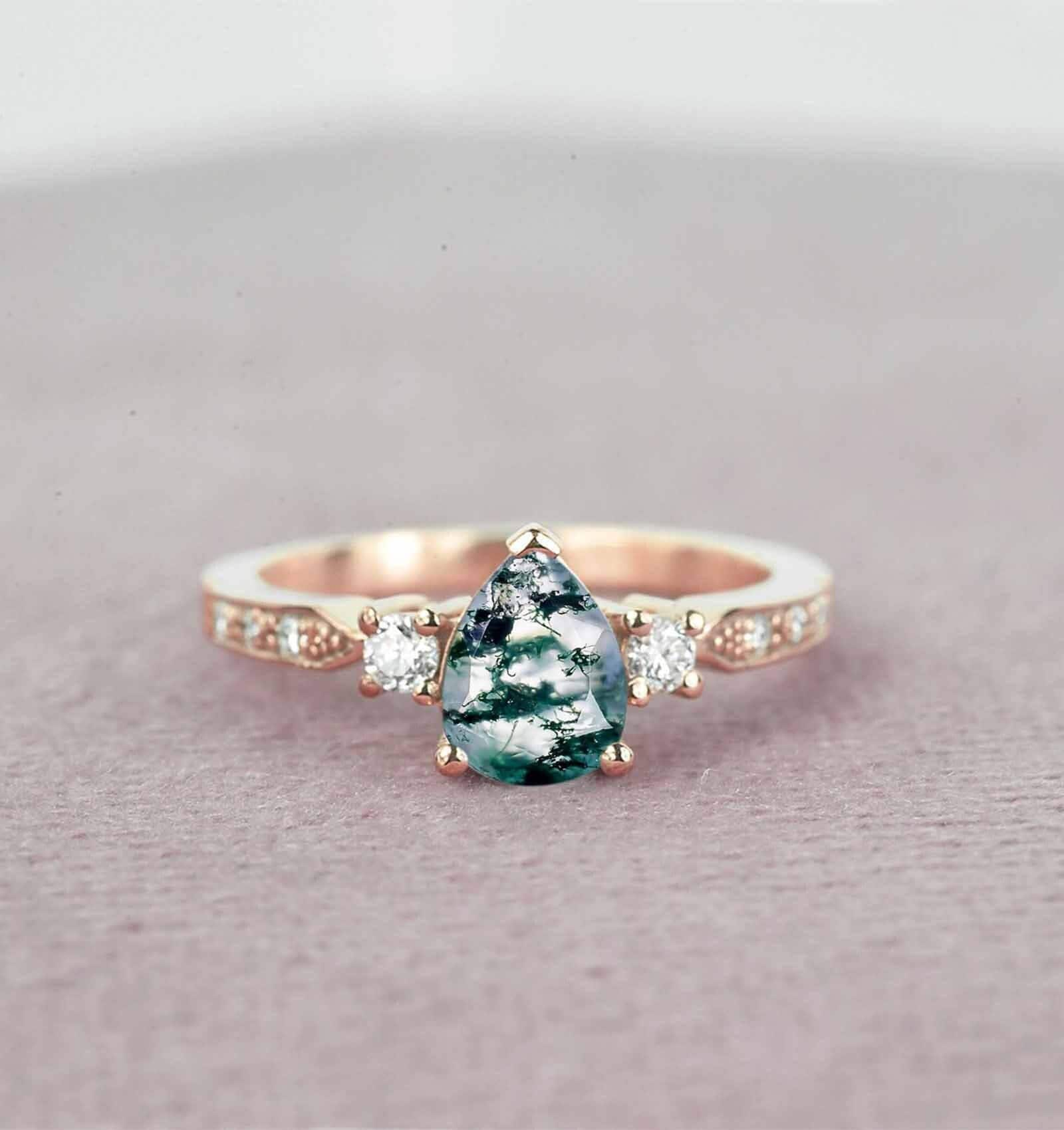 Pear Moss Achat Zierlicher Verlobungsring | Diamant Ring 9K/14K/18K Roségold Rustikaler Diamantring Für Sie von DiorahJewellery