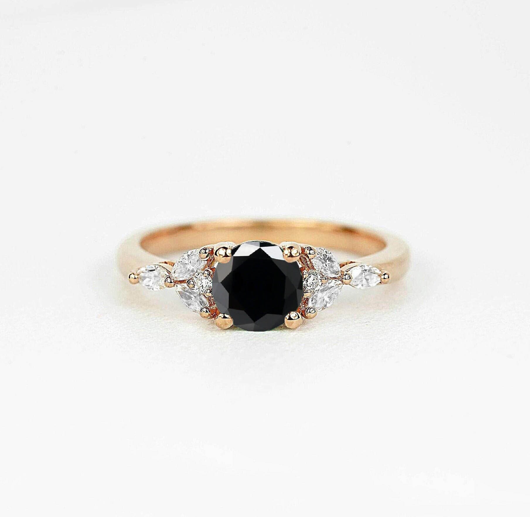 Runder Schwarzer Diamant Und Marquise Verlobungsring | Zierliche Braut Versprechen Art Deco Ring Vintage Geschenkring von DiorahJewellery