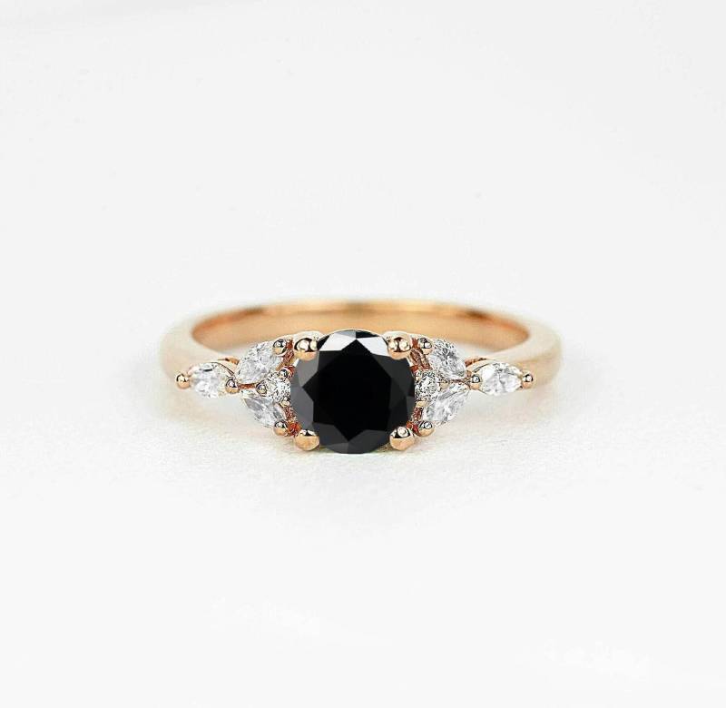 Runder Schwarzer Diamant Und Marquise Verlobungsring | Zierliche Braut Versprechen Art Deco Ring Vintage Geschenkring von DiorahJewellery