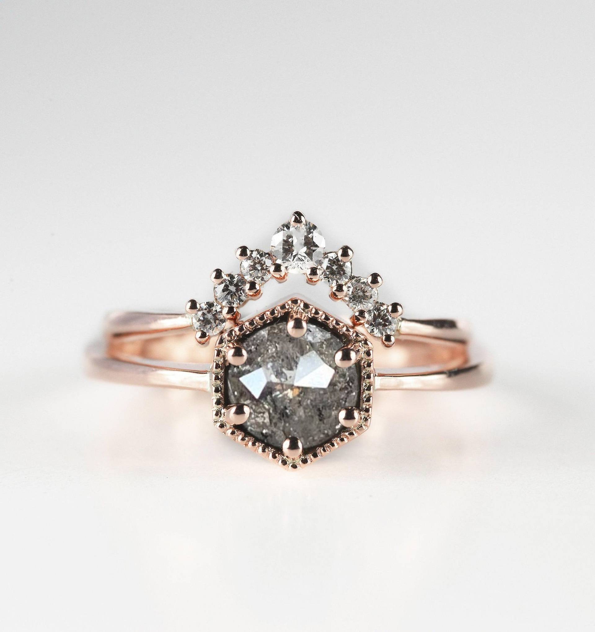 Salz Und Pfeffer Diamant Verlobungsring Diamant-Hochzeitsband Set | Diamant-Verlobungsring Rose, Gelb, Weißgold Ring von DiorahJewellery