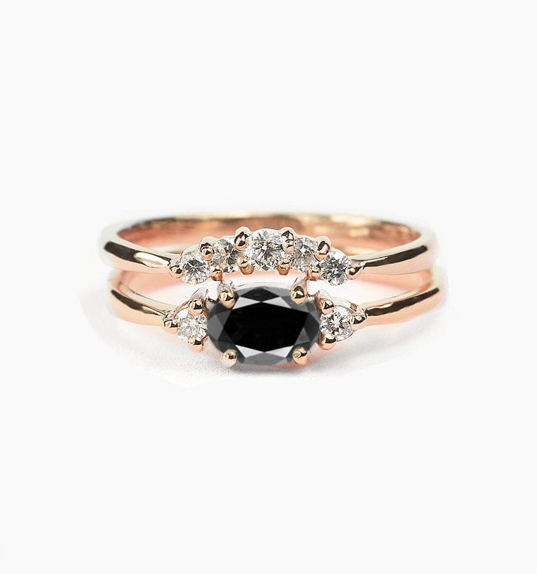 Schwarzer Diamant Verlobungsring Und Alternative Hochzeit Band | Ovale Schwarze Rose Gold Ring Gebogene von DiorahJewellery