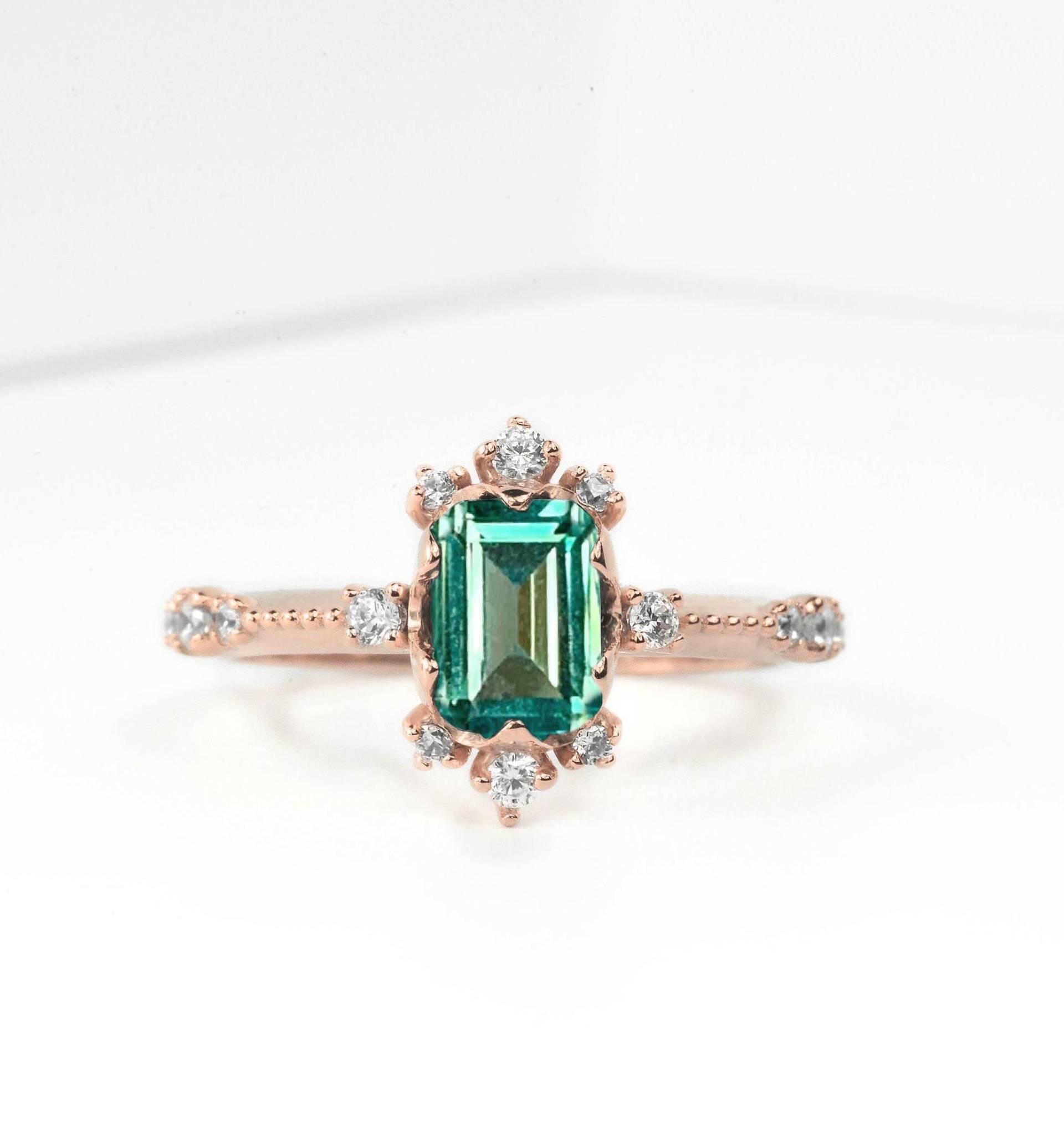 Smaragdschliff 1, 5Ct Grüner Turmalin Verlobungsring | 14K, 18K Gold Echter Diamant Ring Maßgeschneiderte Rosegold von DiorahJewellery