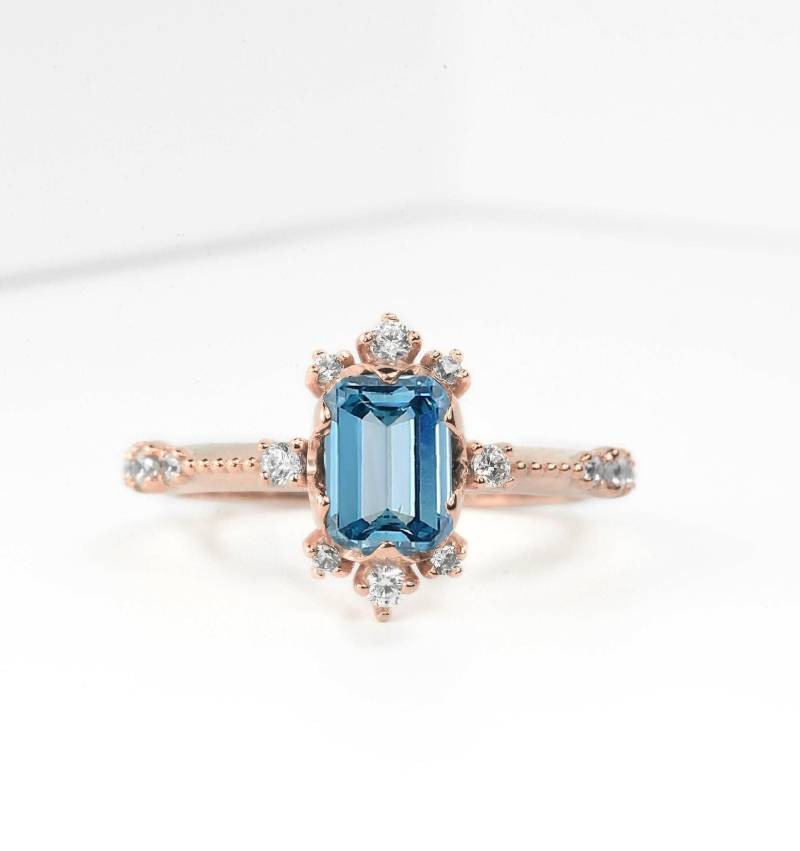 Smaragdschliff 1, 5Ct Natürlicher Aquamarin Verlobungsring | 14K, 18K Gold Echter Diamant Ring Maßgeschneiderte Rosegold von DiorahJewellery
