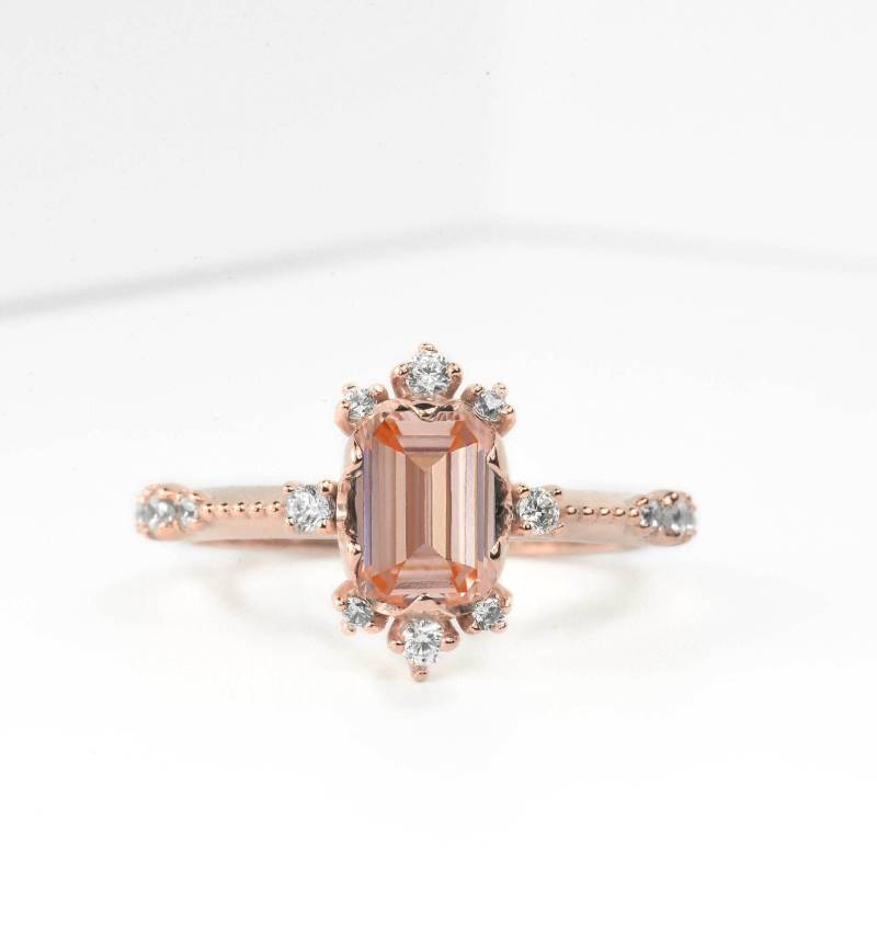 Smaragdschliff 8 X 6mm Morganit Verlobungsring | 14K, 18K Gold Echter Diamant Ring Maßgeschneiderte Rosegold Für Sie von DiorahJewellery