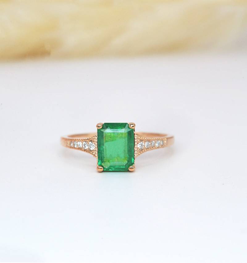 Smaragdschliff Smaragd Art-Deco-Verlobungsring | Natürlicher Brautring Und Diamant Mit Ring Rosegold von DiorahJewellery