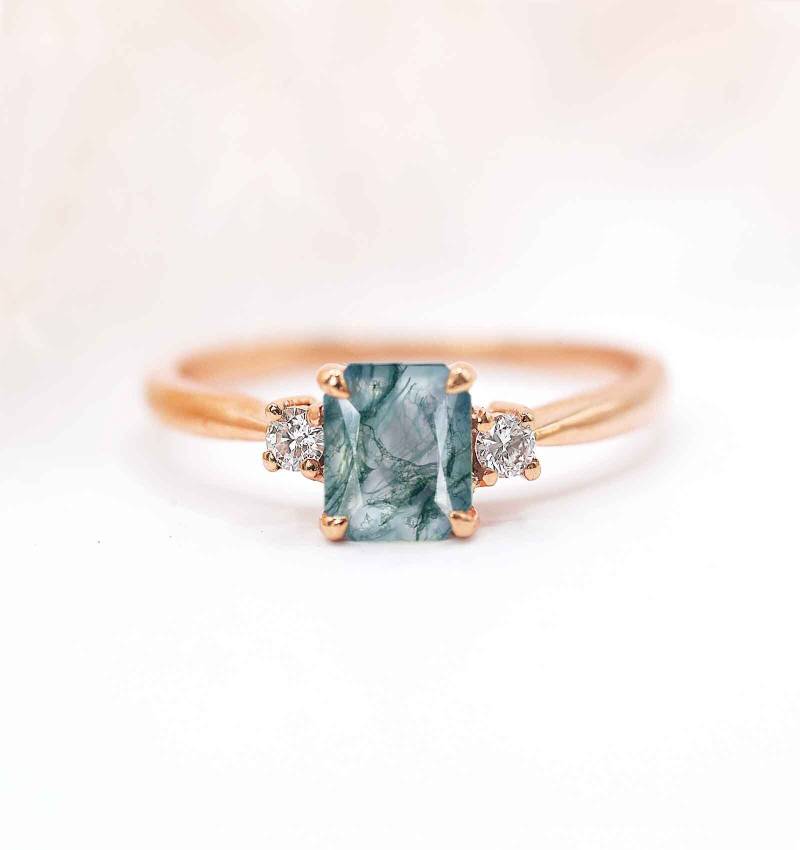 Strahlend Geschliffener Moosachat Und Diamant Vintage Ring | Strahlenförmiger Verlobungsring Einzigartiger Rosendiamant Als Für Die Liebe von DiorahJewellery