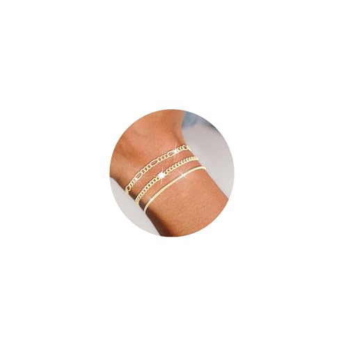 Diorra 3 Stück Armband Damen Gold, 14 Karat Vergoldet Armband Set Verstellbare Stapelbare Figaro Perlen Ketten Armbänder Gold Schmuck Geschenke für Frauen von Diorra