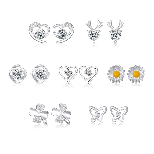 Diorra 6 Paar Ohrringe Silber 925, Ohrstecker Silber Set für Damen Stapelbar Zirkonia Ohrstecker Creolen Ohrringe Set Hypoallergen Helix Piercings für Frauen von Diorra