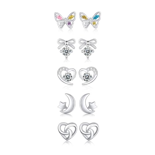 Diorra 6 Paar Ohrringe Silber 925, Ohrstecker Silber Set für Damen Stapelbar Zirkonia Ohrstecker Creolen Ohrringe Set Hypoallergen Helix Piercings für Frauen von Diorra
