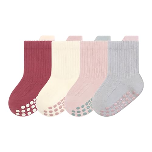 Dioshark Kinder Rutschfeste Socken Baby Mädchen, 4 Paar ABS Anti Rutsch Socken Baumwoll Krabbelsocken Winter Herbst Frühling Antirutschsocken Kindersocken Set für 1-3 Jahre, Rot Rosa Weiss Grau von Dioshark