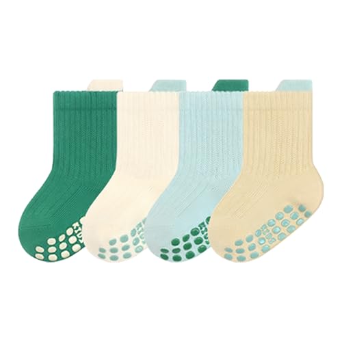 Dioshark Kinder Rutschfeste Socken Baby Mädchen Jungen, 4 Paar ABS Anti Rutsch Socken Baumwoll Winter Herbst Frühling Antirutschsocken Kindersocken Set für 1-3 Jahre, Hellgrün Grün Weiss Gelb von Dioshark