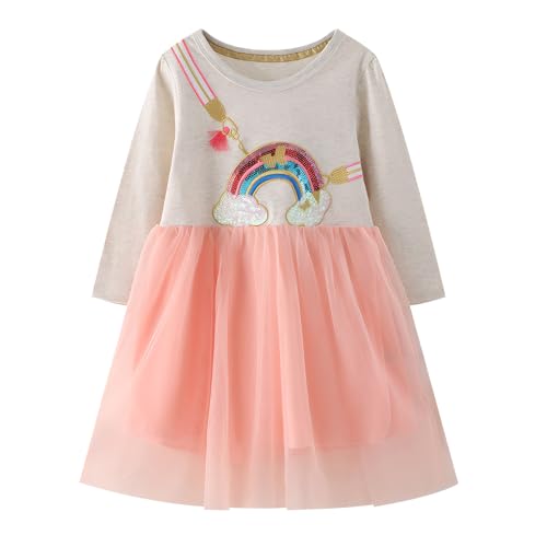 Dioshark Kleid Mädchen Baumwolle Grau Rosa Lange Ärmel Regenbogen Stickerei Kinderkleider Pailletten Freizeitkleid Glitzer Tüll Prinzessinenkleid Geburtstag Einschulung Schule für Alter 5-6 Jahre von Dioshark