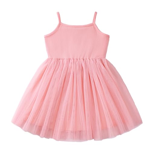 Dioshark Kleider Ärmelloses Mädchen Kinder Tüllkleid Sommerkleid Baumwolle Rosa Spaghettiträger Trägerkleid Prinzessinenkleid Sommer Festkleider Knielang mit Chiffon Rock Tütü Gr. 110-120 von Dioshark