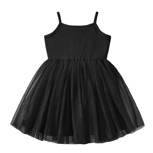 Dioshark Kleider Ärmelloses Mädchen Kinder Tüllkleid Sommerkleid Baumwolle Schwarz Spaghettiträger Trägerkleid Prinzessinenkleid Sommer Festkleider Knielang mit Chiffon Rock Tütü Gr. 110-120 von Dioshark