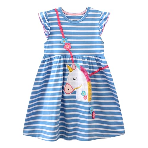 Dioshark Kleider Mädchen Blau Weiß Streifen Tüll Kurzarm Baumwolle Kleid mit Einhorn Blume Applique Stickerei Muster Kinder Sommer Tütü Freizeitkleid Lässig Partykleid für Alter 4-5 Jahre von Dioshark