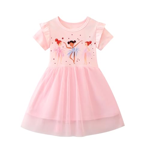 Dioshark Kleider Mädchen Kurzarm Rosa Baumwolle Tüll Kleid mit Ballerina Sterne Druck Rüschen Kinder Sommer Herbst Tütü Freizeitkleid Lässig Partykleid für Einschulung Alltag für Alter 4-5 Jahre von Dioshark