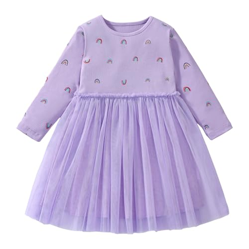 Dioshark Mädchen Kleider Baumwolle mit Langarm Baby Tüll Kleid Lila Regenbogen Kinderkleid Mädchenkleid Tutu Röcke Tüllkleid Herbst Frühling Lässig Täglich für Kleinkind Kind Alter 2-3 Jahre von Dioshark