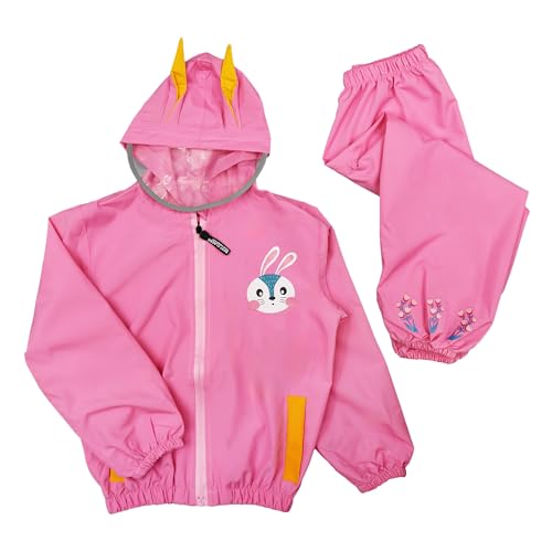 Dioshark Regen Set Jacke mit Kapuze und Hosen Mädchen Wasserdicht Rosa Kaninchen Regenmantel Regenhose Matschanzug mit Reflektor Wandern Outdoor Regenkleidung Regenanzug für Kind Alter 6-7 Jahre, 2XL von Dioshark