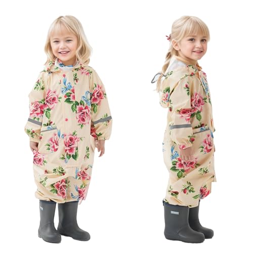 Dioshark Regenjacke mit Kapuze Mädchen Beige Regenmantel Kind Wasserdicht Atmungsaktiv Leicht Regenjacke Regenhose Anzug mit Reflektor Streifen Regenanzug Regenkleidung für Alter 4-6 Jahre, Blume von Dioshark