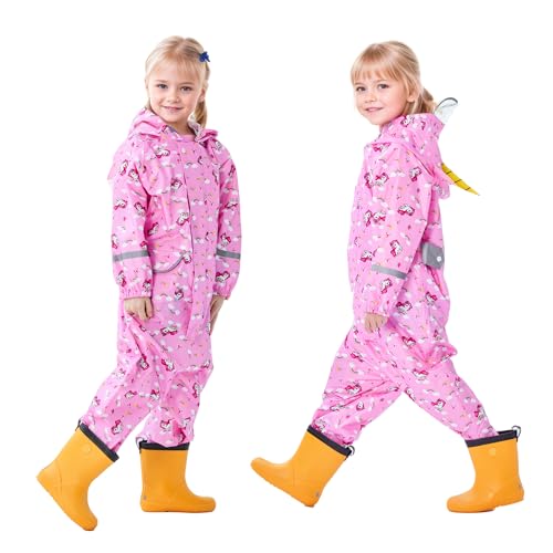 Dioshark Regenjacke mit Kapuze Mädchen Rosa Regenmantel Kind Wasserdicht Atmungsaktiv Leicht Regenjacke Regenhose Anzug mit Reflektor Streifen Regenanzug Regenkleidung für Alter 4-6 Jahre, Einhörner von Dioshark