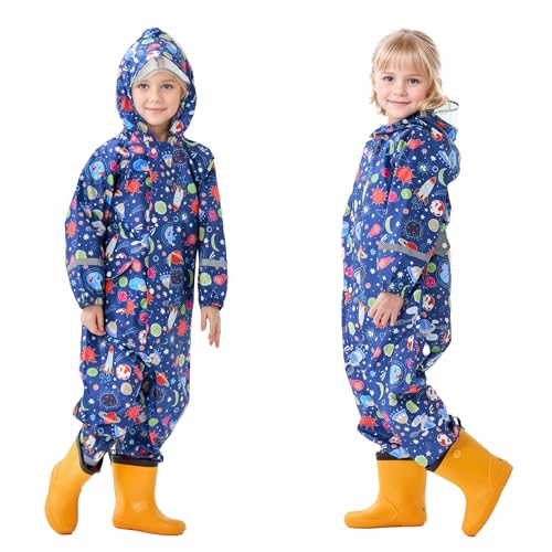 Dioshark Regenmantel Jungen Marineblau Regenjacke mit Kapuze Wasserdicht Atmungsaktiv Leicht Outdoor Lang Regenkleidung Regenanzug Anzug Reflektor Streifen für Wandern Kinder Alter 2-4 Jahre, Planeten von Dioshark