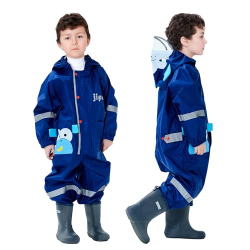 Dioshark Regenmantel Jungen Regenjacke mit Kapuze Wasserdicht Atmungsaktiv Leicht Outdoor Lang Regenkleidung Jacke Hose Anzug Affe Muster Reflektor Streifen für Kinder Alter 2-4 Jahre, Marineblau von Dioshark