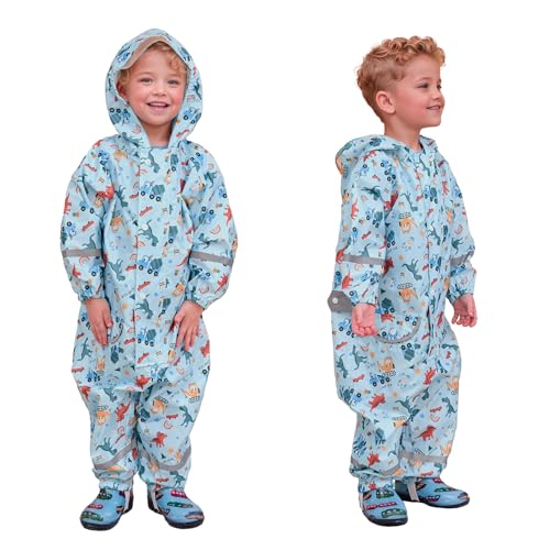 Dioshark Regenmantel Kinder Baby Wasserdicht Junge Blau Regenjacke mit Kapuze, Reflektor Streifen, Tasche, Outdoor Atmungsaktiv Leicht Regenanzug Regenponcho für Kleinkind Alter 1-2 Jahre, Dinosaurier von Dioshark