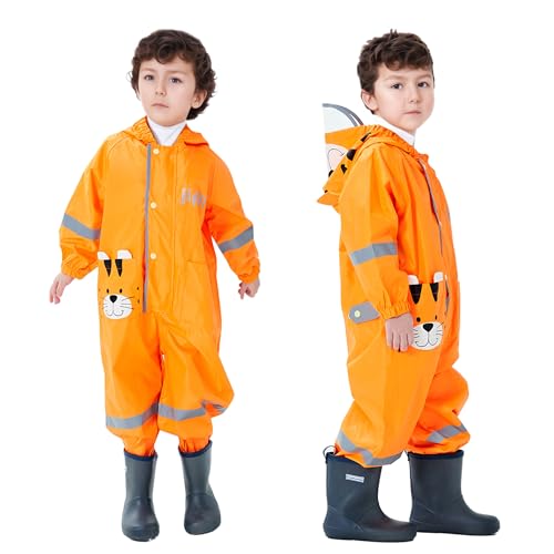 Dioshark Regenmantel Kinder Baby Wasserdicht Junge Mädchen Regenjacke mit Kapuze und Tasche Outdoor Atmungsaktiv Regenponcho Leicht Tiger Muster Regenanzug Anzug für Kleinkind Alter 1-2 Jahre, Orange von Dioshark