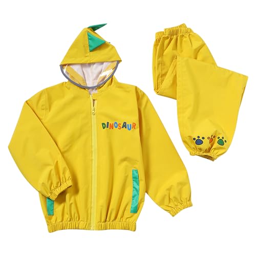Dioshark Regenmantel und Hose Wasserdicht Jungen Gelb Dinosaurier Regenjacke mit Kapuze & Regenhose Set Atmungsaktiv Leicht Zweiteilig Outdoor Regenbekleidung Matschanzug für Kind Alter 4-5 Jahre, L von Dioshark