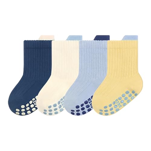 Dioshark Stoppersocken Baby Jungen Socken Marine Blau Weiss Gelb ABS Anti Rutsch Socken Atmungsaktiv Baumwoll Winter Herbst Frühling Antirutschsocken Babysocken für Kleinkinder 6-12 Monate, 4 Paar von Dioshark