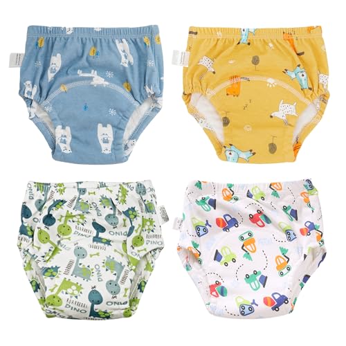 Dioshark Töpfchen Trainingshose Unterwäsche Baby Jungen, 4 Stück Wiederverwendbare Trainerhosen Baumwolle Trainingsunterhosen Dinosaurier Auto Hund Bär Druck Gelb Weiss Blau für Kleinkind 1-2 Jahre von Dioshark