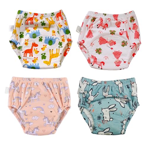 Dioshark Trainingsunterhosen Baby Mädchen, 4 Stück Wiederverwendbare Töpfchen Trainingshosen Unterhosen Baumwolle Trainerhose Rosa Weiss Blau Einhorn Elefant Kaninchen Druck für Kleinkind 2-4 Jahre von Dioshark