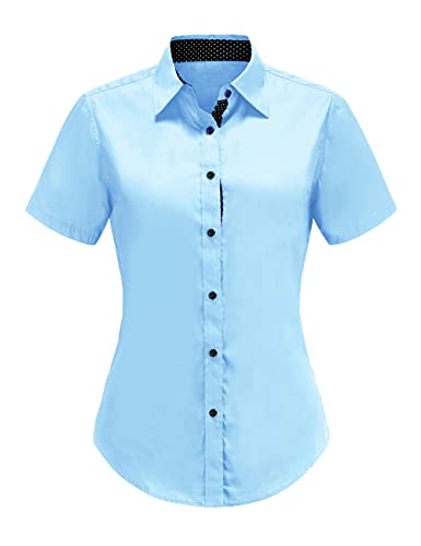 Dioufond Kurzärmeliges Button-Down-Shirts für Damen, Baumwolle, Popeline, Arbeitshemd für Damen, Blaues Hemd mit Knopfleiste und kurzen Ärmeln, Groß von Dioufond