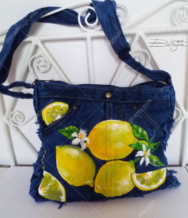 Handbemalte Lemon Jeanstasche Damen Textil Handtasche von DiqnaDesign