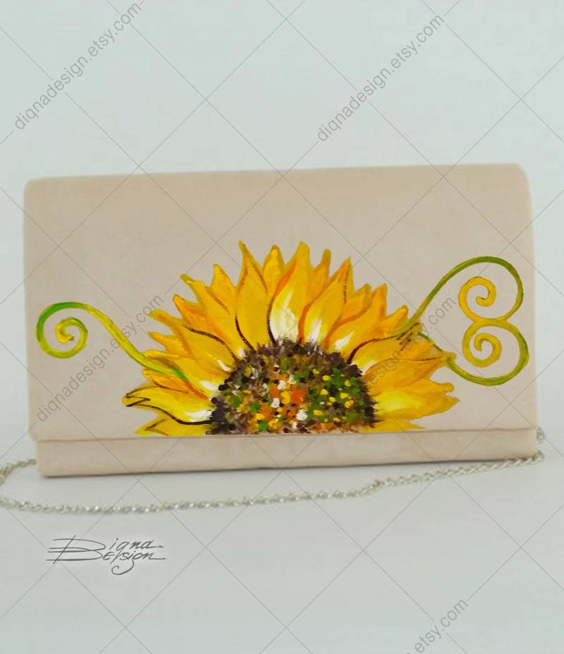 Handbemalte Sonnenblume Samt Clutch Bag - Braut Hochzeit von DiqnaDesign