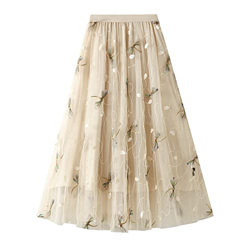 Dirholl Damen A-Linie Fee Elastische Taille Tüll Midirock, 3D Libelle Aprikose, Einheitsgröße von Dirholl