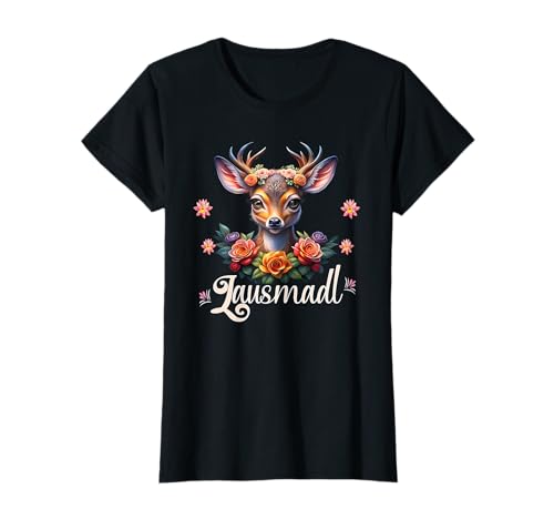 Lausmadl Damen Trachtenshirt Blumen Hirsch Rehkitz Tracht T-Shirt von Dirndl Ersatz Damen Trachtenbluse Reh Kostüm Deko