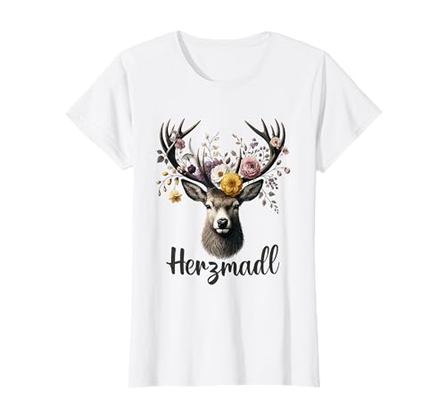 Herzmadl Damen Volksfest Hirsch Blumen Trachten T-Shirt Herzmadl Damen Volksfest Hirsch Blumen Trachten T-Shirt von Dirndl Ersatz Mädchen Damen Trachtenshirt Bayern