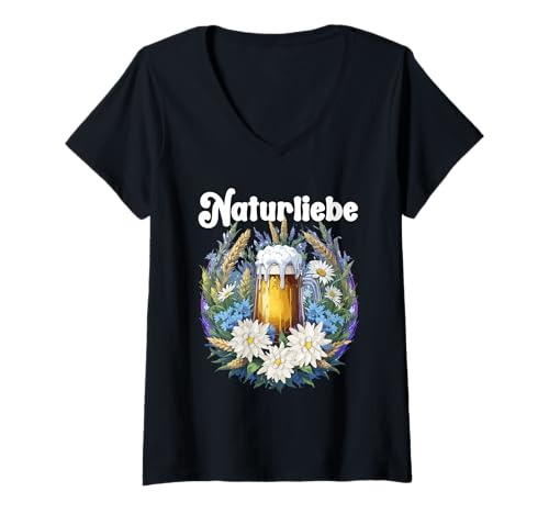 Damen Naturliebe Biertrinker Volksfest Bierzelt Trachten T-Shirt mit V-Ausschnitt von Dirndl Ersatztracht Trachtenshirt Edelweiss Bier