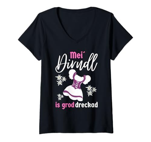 Damen Dirndl und Trachtenersatz Design mit Edelweissblumen T-Shirt mit V-Ausschnitt Damen Dirndl und Trachtenersatz Design mit Edelweissblumen T-Shirt mit V-Ausschnitt von Dirndl Traditionell Kompatibel Trachten