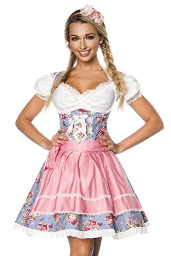 DIRNDLINE 3-tlg. Mini-Dirndl Trachtenkleid mit floralem Muster (Kleid, Schürze & Bluse) in 2 Farben A70001, Größe:36;Farbe:blau von Dirndline