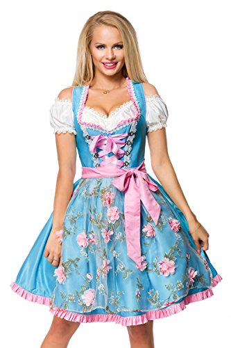 Dirndline Damen Dirndl mit Blumensch?rze Kleid f?r besondere Anl?sse, blau/pink, M von Dirndline