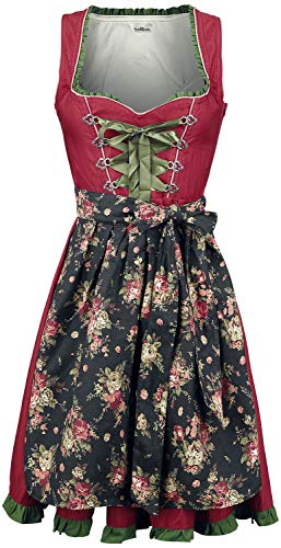 Luxus Designer Dirndl mit Schürze Kleid Dirndkleid Oktoberfest Tracht Trachtenkleid Spitze Denim Blumenprint Paspelierung Rüschen- 3XL, Rot/Grün von Dirndline